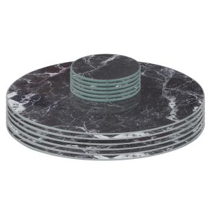 12pc Round Glass Placemats & Round Coasters Set - 30cm - Marble - Black Marble