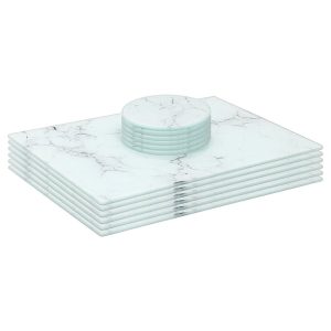 12pc Rectangle Glass Placemats & Round Coasters Set - 30cm x 20cm - Marble - White Marble
