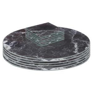 12pc Round Glass Placemats & Square Coasters Set - 30cm - Marble - Black Marble