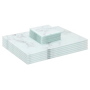 12pc Rectangle Glass Placemats & Square Coasters Set - 30cm x 20cm - Marble - White Marble