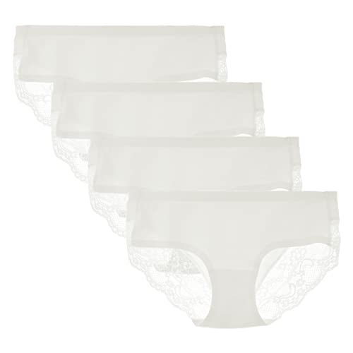 Women's Seamless Knickers Cotton Lady Panties Midi Lace Underwear Full Coverage Brief Pack of 4 XL White