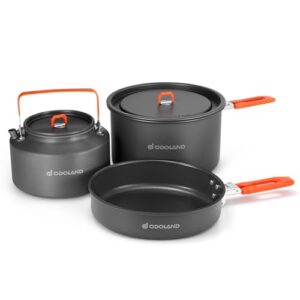 Odoland Camping Outdoor Cookware Mess Kit, Portable Camping Cooking Pot Frypan with Kettle Mesh Bag for Camping, Backpacking, Outdoor Cooking and Picn