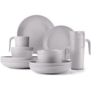 Odoland Lightweight Unbreakable Cutlery Sets for 4 People, Microwave and Dishwasher Safe Plates Bowls Mug Kit, Reusable Dinnerware with Cutlery, for C