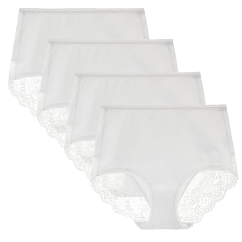 Women's 3 or 4 Pack High Waisted Comfort Cotton Lace Coverage Full Rise Briefs Knickers Underwear S White/4pk