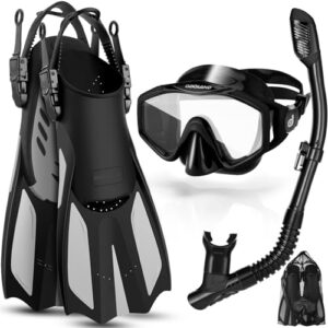 Odoland Snorkel Set Adult 3 in 1 with Anti-Fog Diving Goggles and Dry Snorkel, Adjustable Flippers, Diving Equipment Set for Swimming/Snorkelling S/M