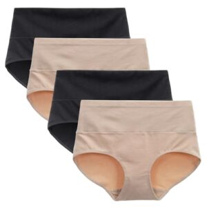Women's Cotton Knickers High Waist Full Coverage Brief Simple Ladies Underwear Pack of 4 L Black/Nude