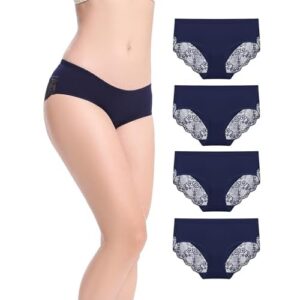 Women's Knickers 4 Pack Mid Rise Cotton Lace Full Coverage Brief Hipster Panty Underwear M Navy Blue