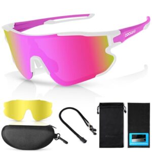 Odoland Polarized Cycling Glasses, Sports Sunglasses UV 400 with Replaceable Night Vision Lenses for Bike, Fishing, Running, Men, Women and Youth Pink