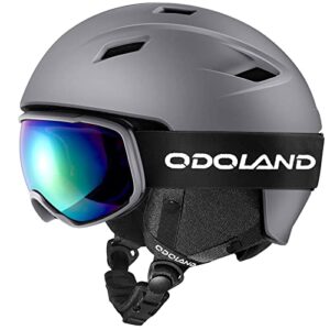 Odoland Ski Helmet Kit with Ski Ski Goggles, Snowboard Helmet for Men Women Teens Kids, Adjustable Ski Helmet and UV400 Protection Ski Goggles Grey M(