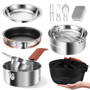 Odoland Camping Cookware Kit,Cooking Utensils Camping Pan Pot Cup Set - Portable Cooking Gear - Foldable Outdoor Travel Set, for Trekking, Hiking and