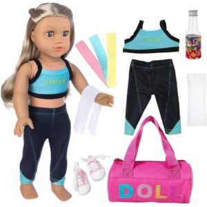 ZITA ELEMENT 18 Inch Girl Doll Yoga Clothes and Accessories for 18 Inch Dolls Sport Set with Shoes Portable Sports Bag Yoga Bands Towel and Drink Bott