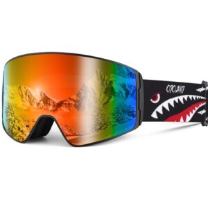 Odoland Kids Ski Goggles, Cylindrical Snowboard Goggles, Anti-Fog, Anti-UV, Windproof Wide View for Boys and Girls, Helmet Compatible VLT15% Red