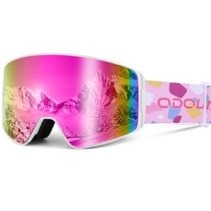 Odoland Kids Ski Goggles, Cylindrical Snowboard Goggles, Anti-Fog, Anti-UV, Windproof Wide View for Boys and Girls, Helmet Compatible VLT15% Pink