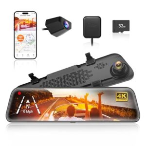 WOLFBOX G840S 12" 4K Mirror Dash Cam with 5.8GHz WiFi, 2160P Full HD Smart Rearview Mirror for Cars & Trucks, Front and Rear Dual Cameras, Night Visio