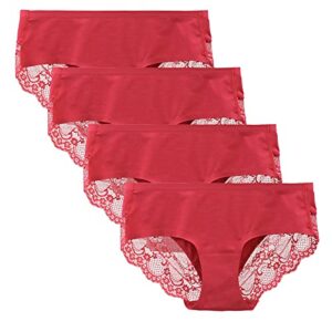 Women's Seamless Knickers Cotton Lady Panties Midi Lace Underwear Full Coverage Brief Pack of 4 L Red
