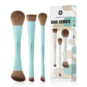 EIGSHOW Makeup Brush Set, 3PCS Double Ended Face Makeup Brushes for Foundation Concealer Blush Contour Highlight Nose Shadow, Travel Gift Set (Cyan) D