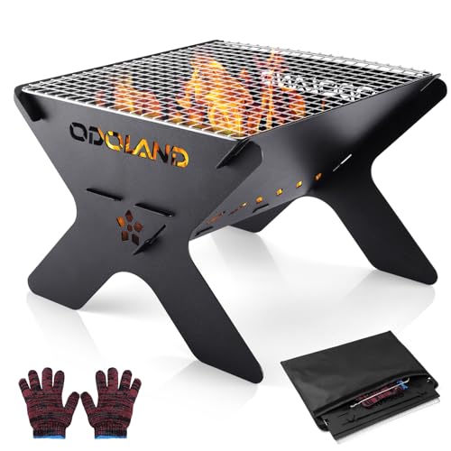 Odoland Camping Fire Pit, Portable Fire Pit for Camping, 2 in 1 Wood Burning Fire pit Grill with Detachable Cooking Grate for Outdoor BBQ, with Carry