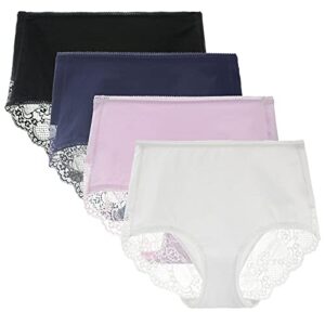 Women's 3 or 4 Pack High Waisted Comfort Cotton Lace Coverage Full Rise Briefs Knickers Underwear M Black/Navy/Purple/White