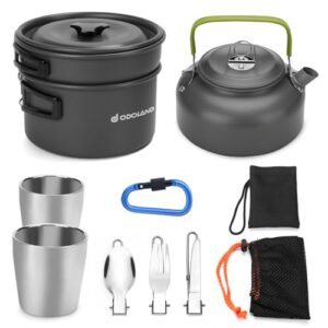 Odoland Camping Cooker Pan Set Aluminum Camping Cookware Kit for 2 People, Portable Outdoor Pot Pan Stove Kettle 2 Cups and Tableware - Backpacking Co