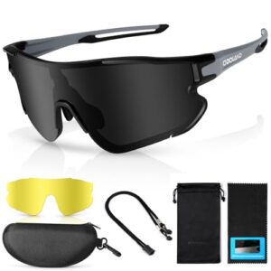 Odoland Polarized Cycling Glasses, Sports Sunglasses UV 400 with Replaceable Night Vision Lenses for Bike, Fishing, Running, Men, Women and Youth Blac