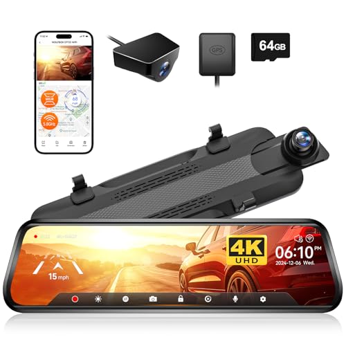 WOLFBOX G930 10'' Rear View Mirror Camera with 5.8GHz WiFi, 4K Dash Cam Front and Rear with WDR, Touch Screen Rearview Mirror Backup Camera, Parking M