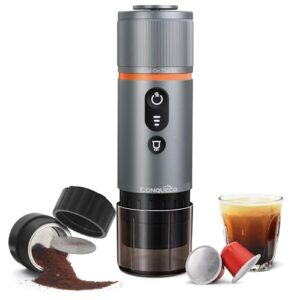 CONQUECO Portable Espresso Machine Travel: 12V Electric Coffee Maker with Battery for Camping - 2.5 Mins Self Heating - With Ground Coffee & NS Capsul