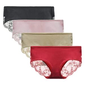 Women's 4 Pack Cotton Mid Rise Full Coverage Lace Hipster Brief Panty Knicker Underwear XL Black/Pink/Nude/Red