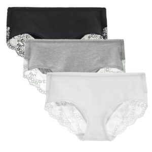 Women's 4 Pack Cotton Mid Rise Full Coverage Lace Hipster Brief Panty Knicker Underwear M Black/Grey/White