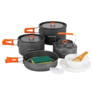 Odoland Camping Cookware Set Non-Stick Lightweight Camping Kettle Pots and Pans Mess Kit with Bowls Soup Spoon for Backpacking, Outdoor Cooking and Pi