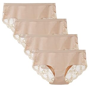 Women's Seamless Knickers Cotton Lady Panties Midi Lace Underwear Full Coverage Brief Pack of 4 M Beige