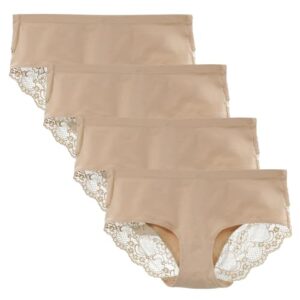 Women's Knickers 4 Pack Mid Rise Cotton Lace Full Coverage Brief Hipster Panty Underwear XXL Nude