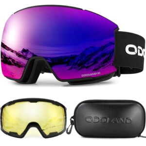 Odoland OTG Ski Goggles Set with Detachable Lens, Interchangeable Lens, Anti-Fog 400 UV Protection Snow Goggles for Men and Women, Helmet Compatible V