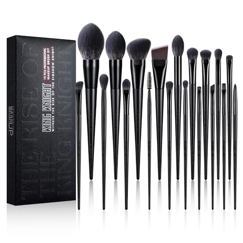 EIGSHOWBEAUTY 19 Pieces Synthetic Makeup Brush Set Kingnight Series Brush Set Premium Foundation Contour Blush Concealer Eyeshadow Blending (Black) 19
