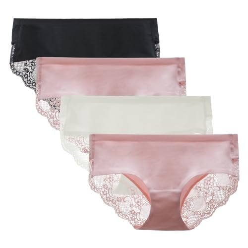 Women's Seamless Knickers Cotton Lady Panties Midi Lace Underwear Full Coverage Brief Pack of 4 M Black/Pink2/White