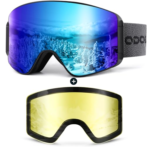 Odoland Ski Goggles Set with Detachable Magnetic Lens, Frameless Interchangeable Lens for Cloudy or Sunny, Anti-Fog UV Protection Men Women Snow Goggl