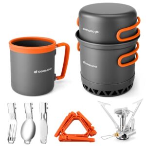 Odoland Camping Cookware Kit, Outdoor Cooking Set Non Stick Pot and Pans Lightweight Backpacking Hiking Utensil Gear for 1 to 2 People Traveling Trekk