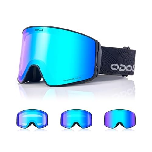 Odoland Photochromic Ski Goggles for Sunny and Cloudy Days, Anti-Fog OTG UV400 Protection Cylinder Snowboard Goggles for Adult Men Women Youth, Helmet