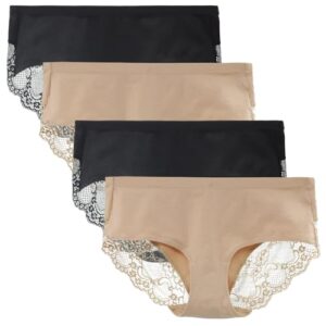 Women's Knickers 4 Pack Mid Rise Cotton Lace Full Coverage Brief Hipster Panty Underwear S Black/Nude