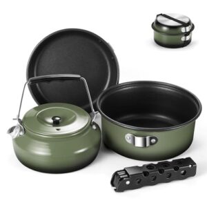 Odoland 5pcs Camping Cookware Mess Kit, Non-Stick Lightweight Pot Pan Kettle Set with a removable handle - Perfect for Backpacking, Camping, Hiking, a