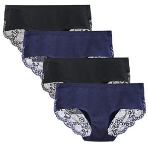 Women's Seamless Knickers Cotton Lady Panties Midi Lace Underwear Full Coverage Brief Pack of 4 XL Black/Navy Blue