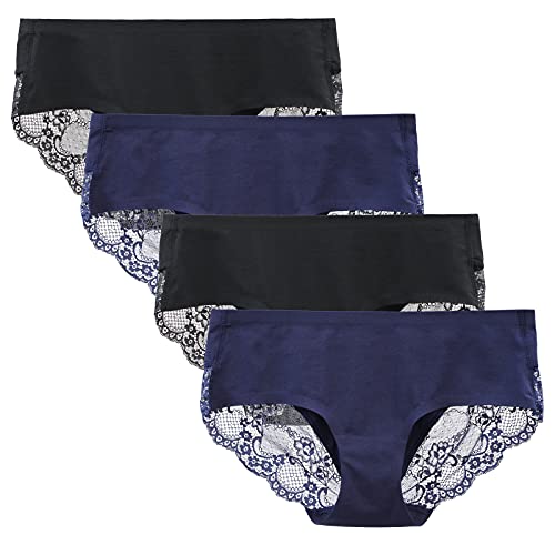 Women's Seamless Knickers Cotton Lady Panties Midi Lace Underwear Full Coverage Brief Pack of 4 M Black/Navy Blue