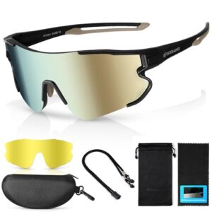 Odoland Polarized Cycling Glasses, Sports Sunglasses UV 400 with Replaceable Night Vision Lenses for Bike, Fishing, Running, Men, Women and Youth Gold