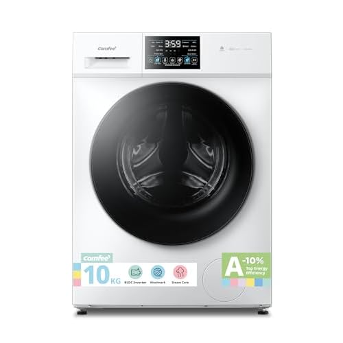 COMFEE' Freestanding Washing Machine,10KG Load,A-10% Class,Steam Care,BLDC Motor,Woolmark,Touch Panel,White-CFP03EW100W-UK 10KG Washing Machine