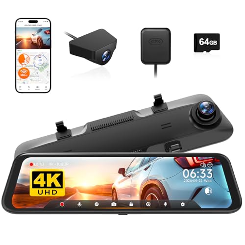 WOLFBOX G850 12" 4K Rear View Mirror Dash Cam Front and Rear with 5.8GHz WiFi and Voice Control, Smart Mirror Camera with 1080P Reversing Rear Camera,