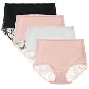 Women's 3 or 4 Pack High Waisted Comfort Cotton Lace Coverage Full Rise Briefs Knickers Underwear S Black/Pink2/White