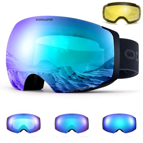 Odoland Unisex Ski Goggles for Men & Women - Photochromic Frameless Snowboard Goggles with Magnetic Interchangeable Lens, UV 400, Anti-fog, Helmet Com