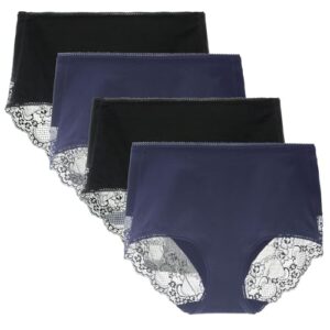 Women's 3 or 4 Pack High Waisted Comfort Cotton Lace Coverage Full Rise Briefs Knickers Underwear S Black/Navy Blue