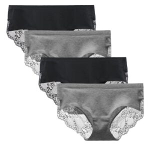 Women's Seamless Knickers Cotton Lady Panties Midi Lace Underwear Full Coverage Brief Pack of 4 (Medium, Black/Heather Grey)