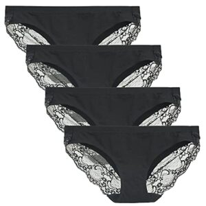 Women's Knickers Low Waist Cotton Underwear Lace Coverage Bikinis Ladies Panties 4 Pack XL Black