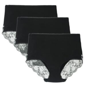 Women's 3 or 4 Pack High Waisted Comfort Cotton Lace Coverage Full Rise Briefs Knickers Underwear S Black